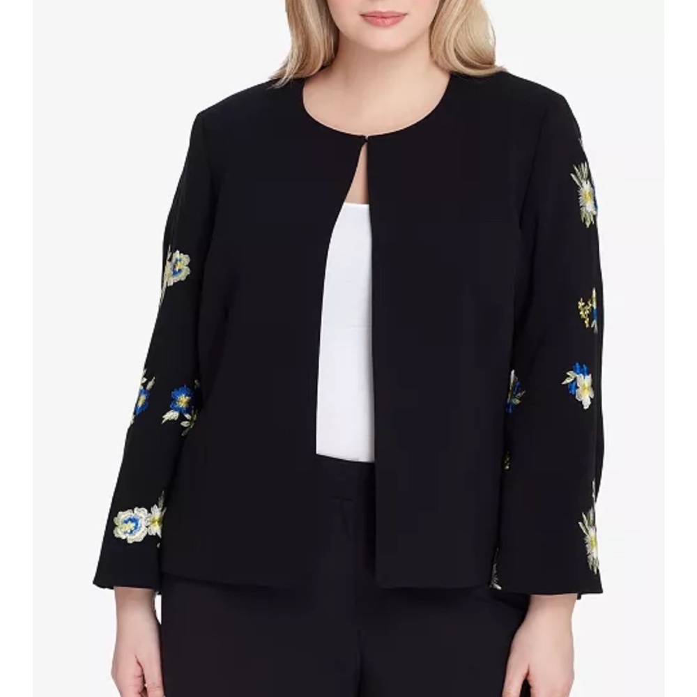 Tahari ASL Floral Embroidered Jacket Black Lined Cottagecore Fairy Whimsicore 12 - Picture 2 of 14